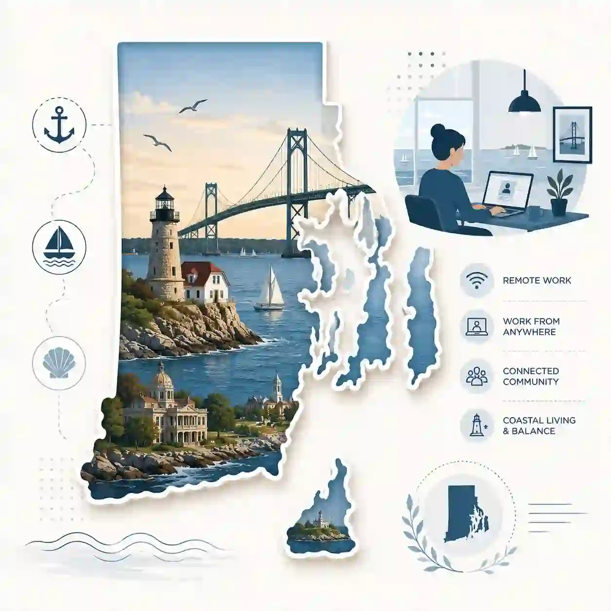 Rhode Island state map with icons for mobile, office, remote team and call center connected to a central phone pin